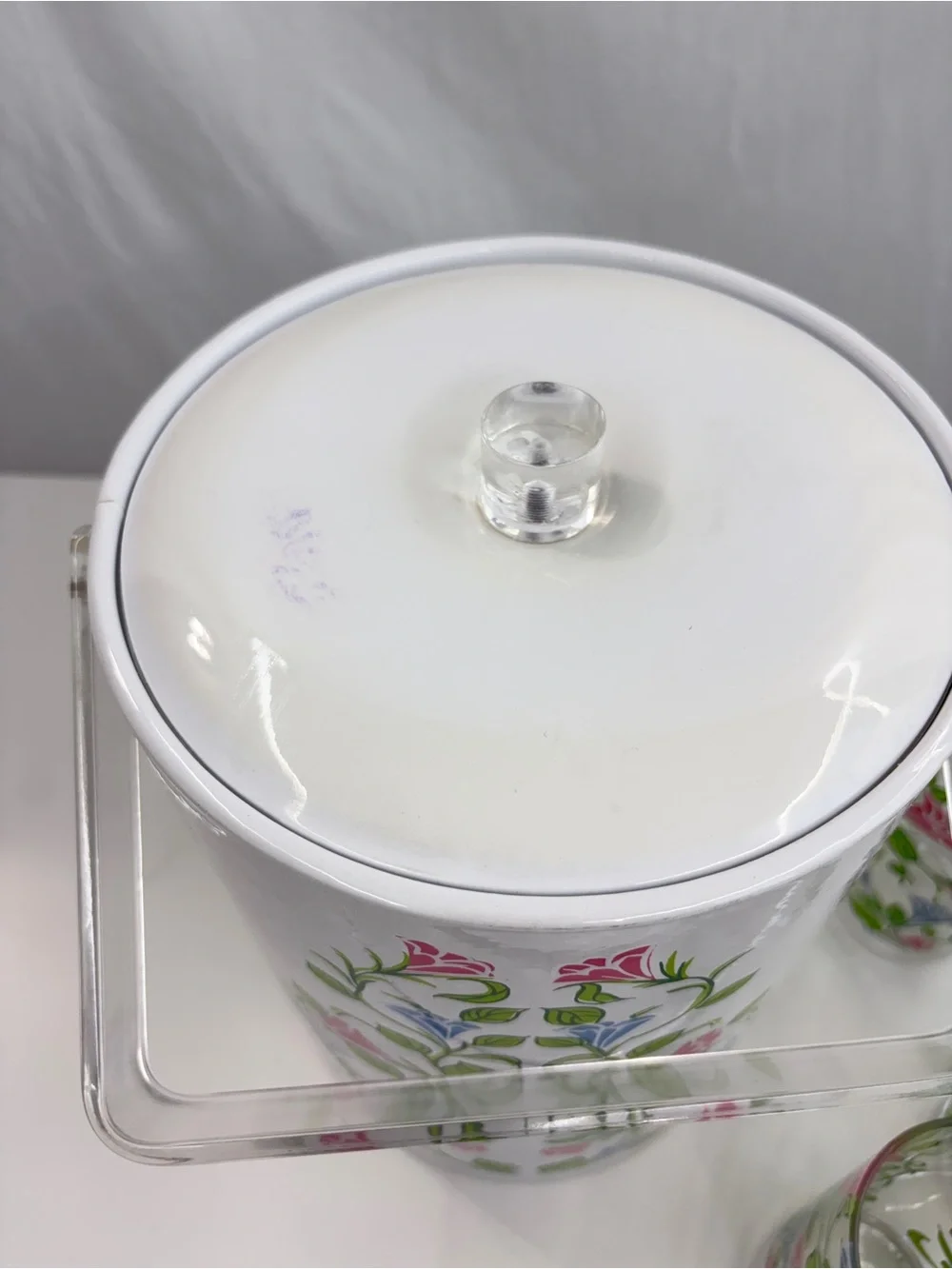 H. J. Stotter vintage acrylic 4 pc vtg floral beverage set ice bucket 3 tumblers